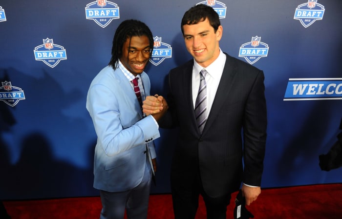 Apr 26, 2012; New York, NY, USA; Stanford quarterback Andrew Luck (right) and Baylor quarterback Robert Griffin III (left) pose for a photo on the red carpet before the start of the 2012 NFL Draft at Radio City Music Hall. Mandatory Credit: James Lang-USA TODAY Sports